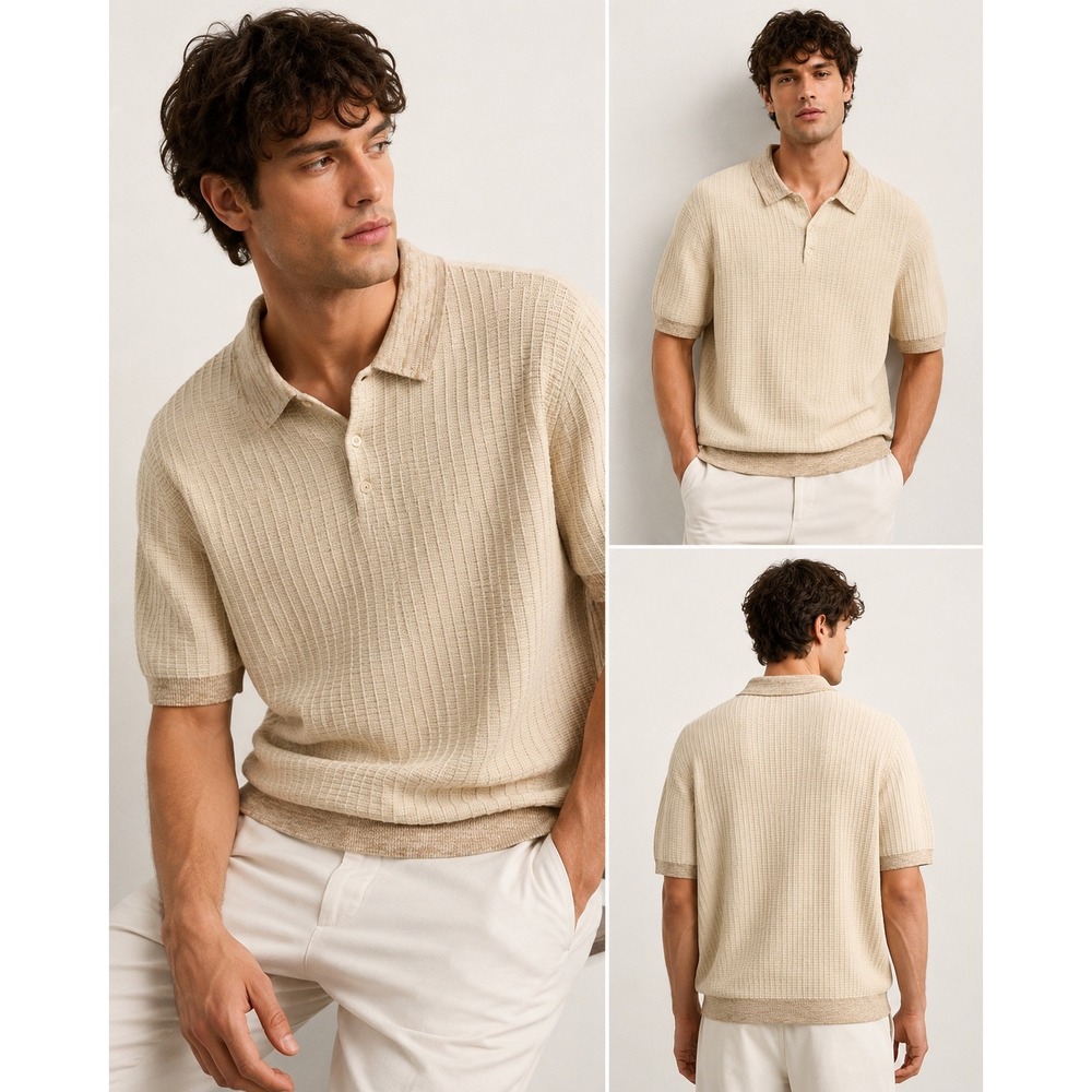 Scotch & Soda Amsterdam Knit Polo ss Shirt Mens XL Cream Beige Waffle Cotton